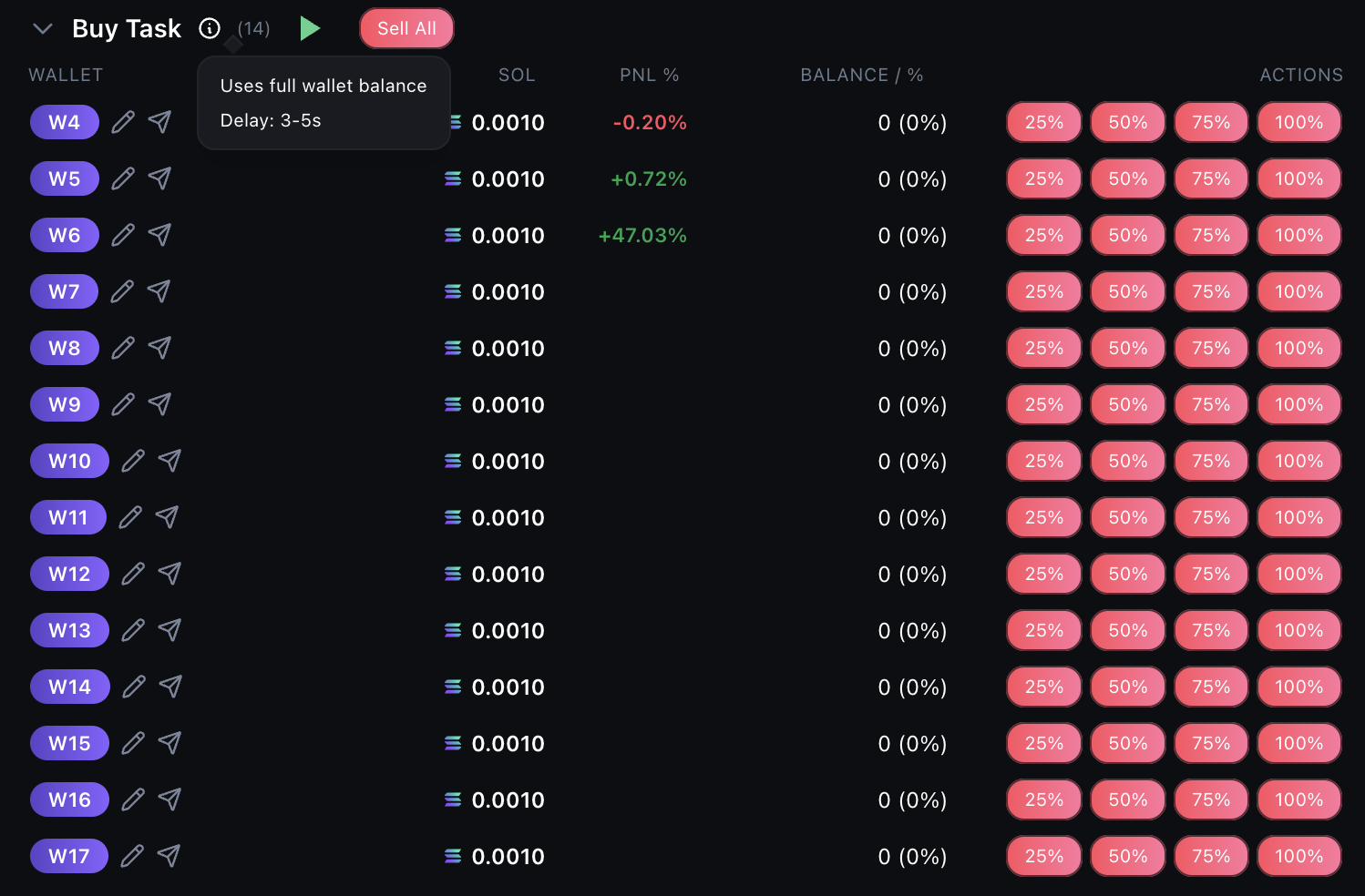 Buy Task monitoring interface showing running task with wallets