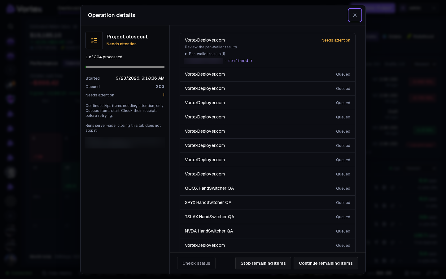 An operation window. Ids and transaction signatures are blurred here.