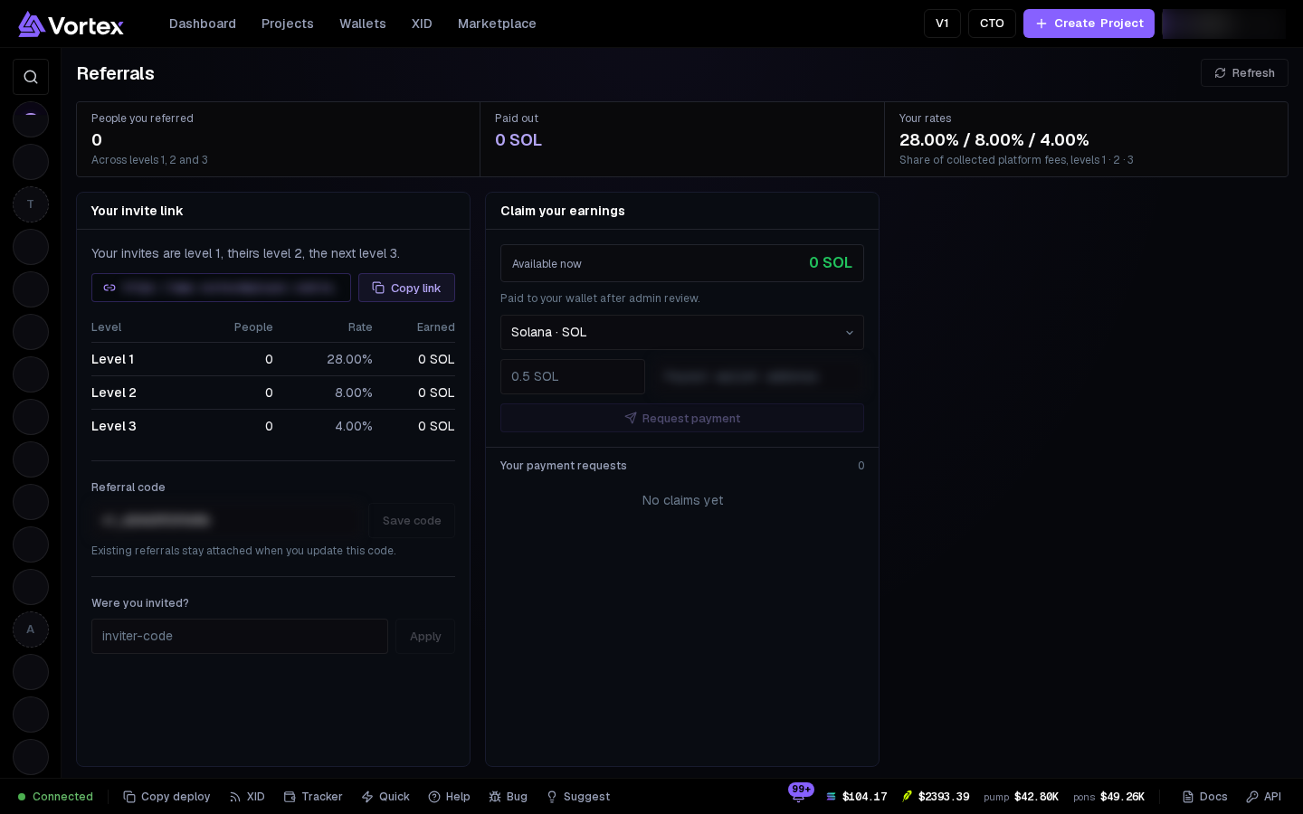 Referrals: the invite link, the levels and the claim form. The link and code are blurred here.
