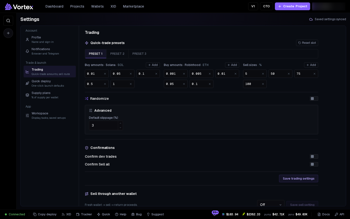 Account settings on Trading
