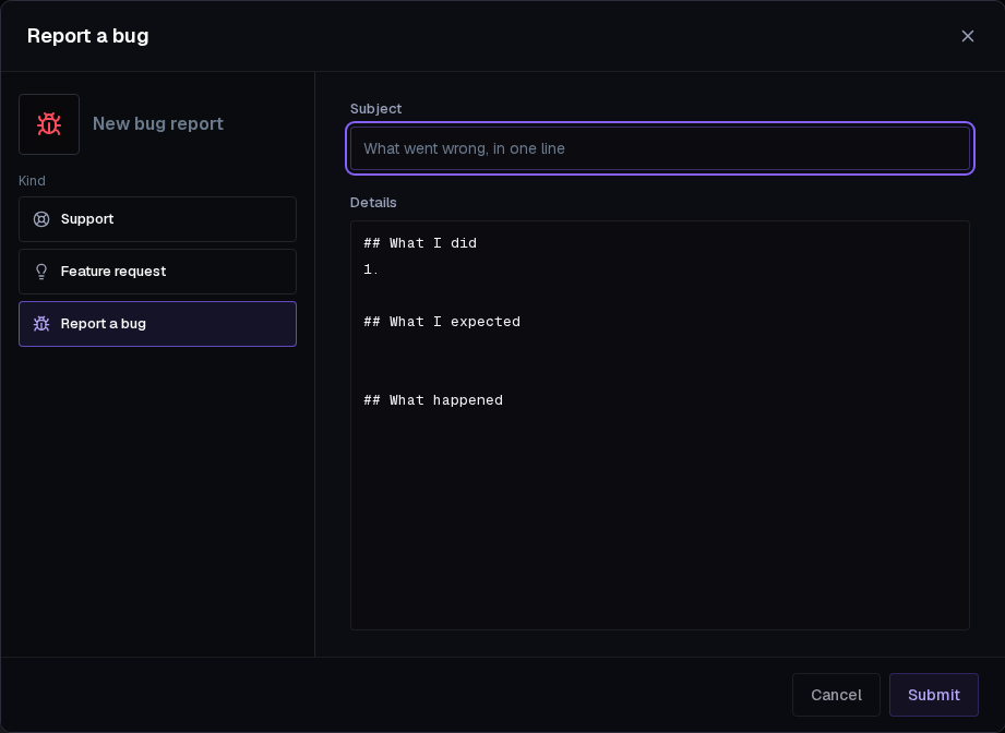 The Report a bug window. Details already holds the What I did, What I expected and What happened headings.