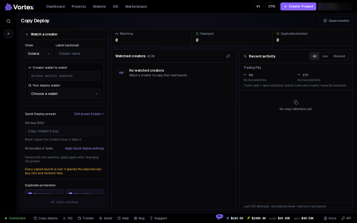 The Copy Deploy page: Watch a creator, Watched creators and Recent activity