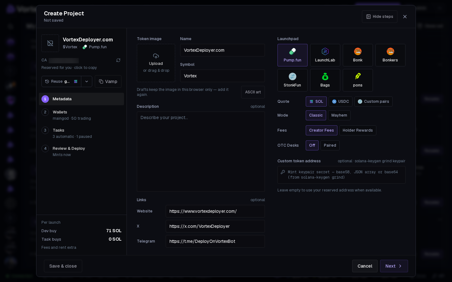 A draft open on Metadata, with the left column and the step list