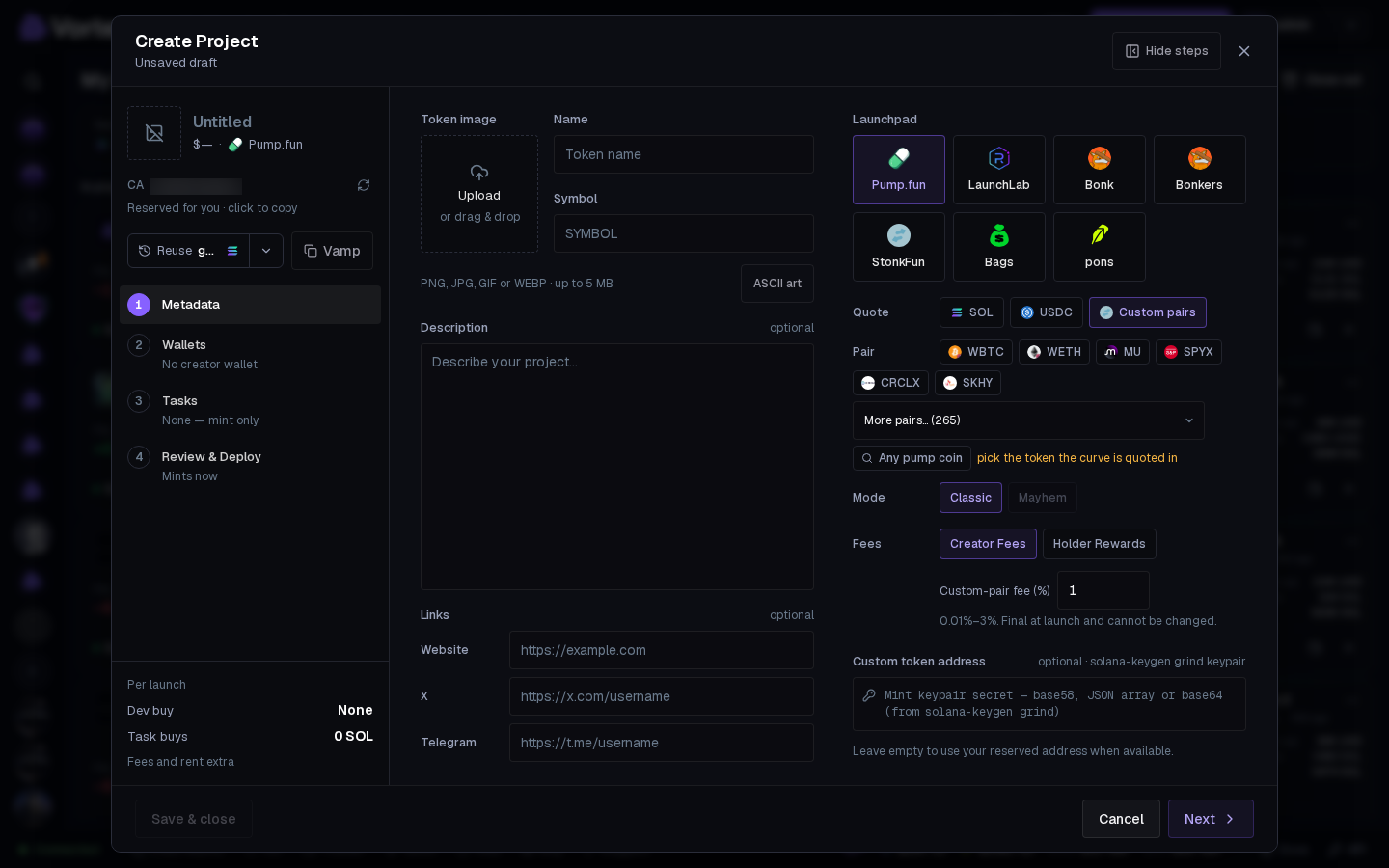 The pair-token picker after Quote, Custom pairs