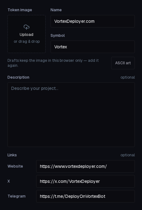Token image, Name, Symbol, Description and Links on the Metadata step