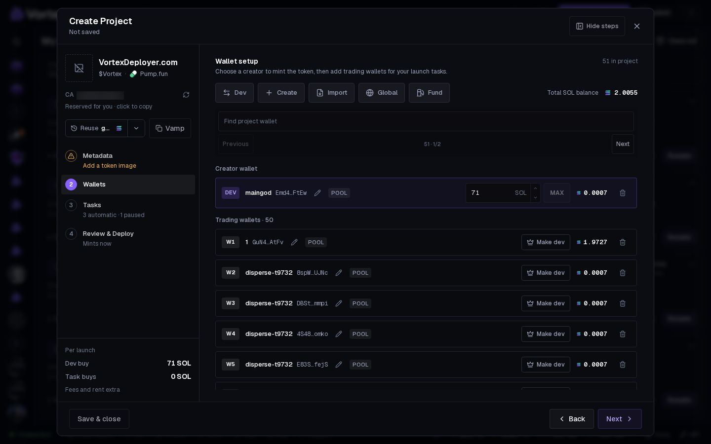The Wallets step: the creator wallet, the dev buy and the buying wallets