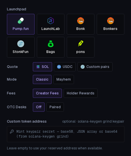 The launchpad, quote, mode, fees and OTC Desks choices on the first wizard step