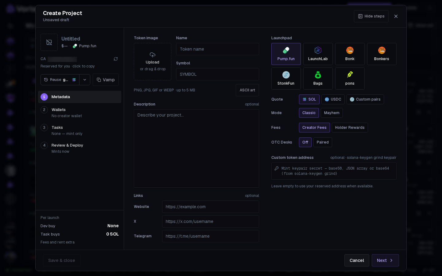 The Create Project wizard on Metadata, with its four steps on the left