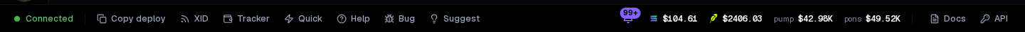 The bottom bar: the connection state and shortcuts on the left, the bell, prices, Docs and API on the right