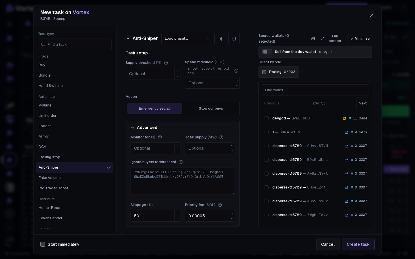 The Anti-Sniper form: thresholds, the action and the wallets