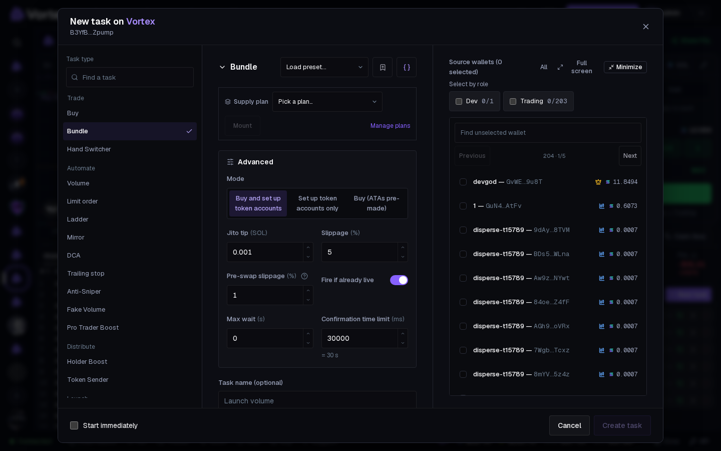The Bundle form: SOL per wallet and the wallets