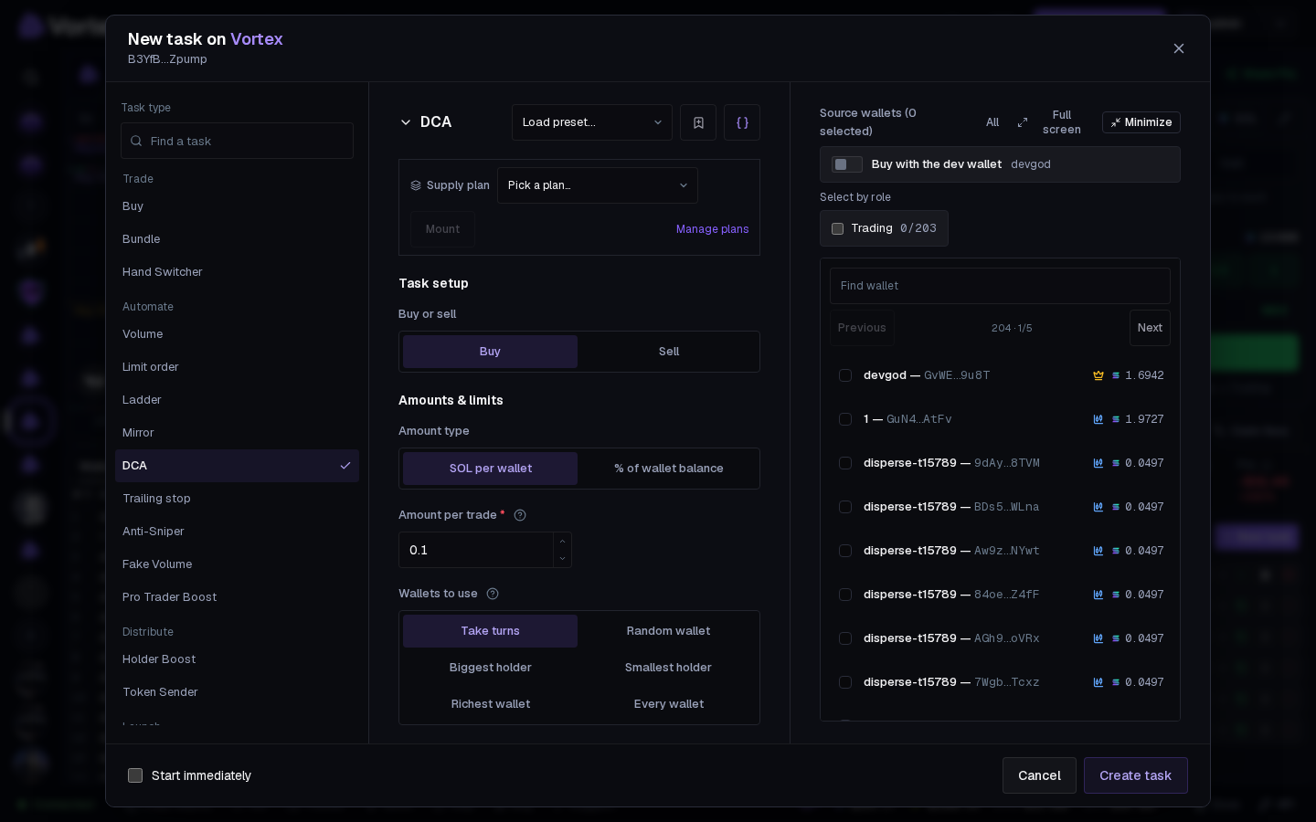 The DCA form: buy or sell, the time between trades and the amount per trade