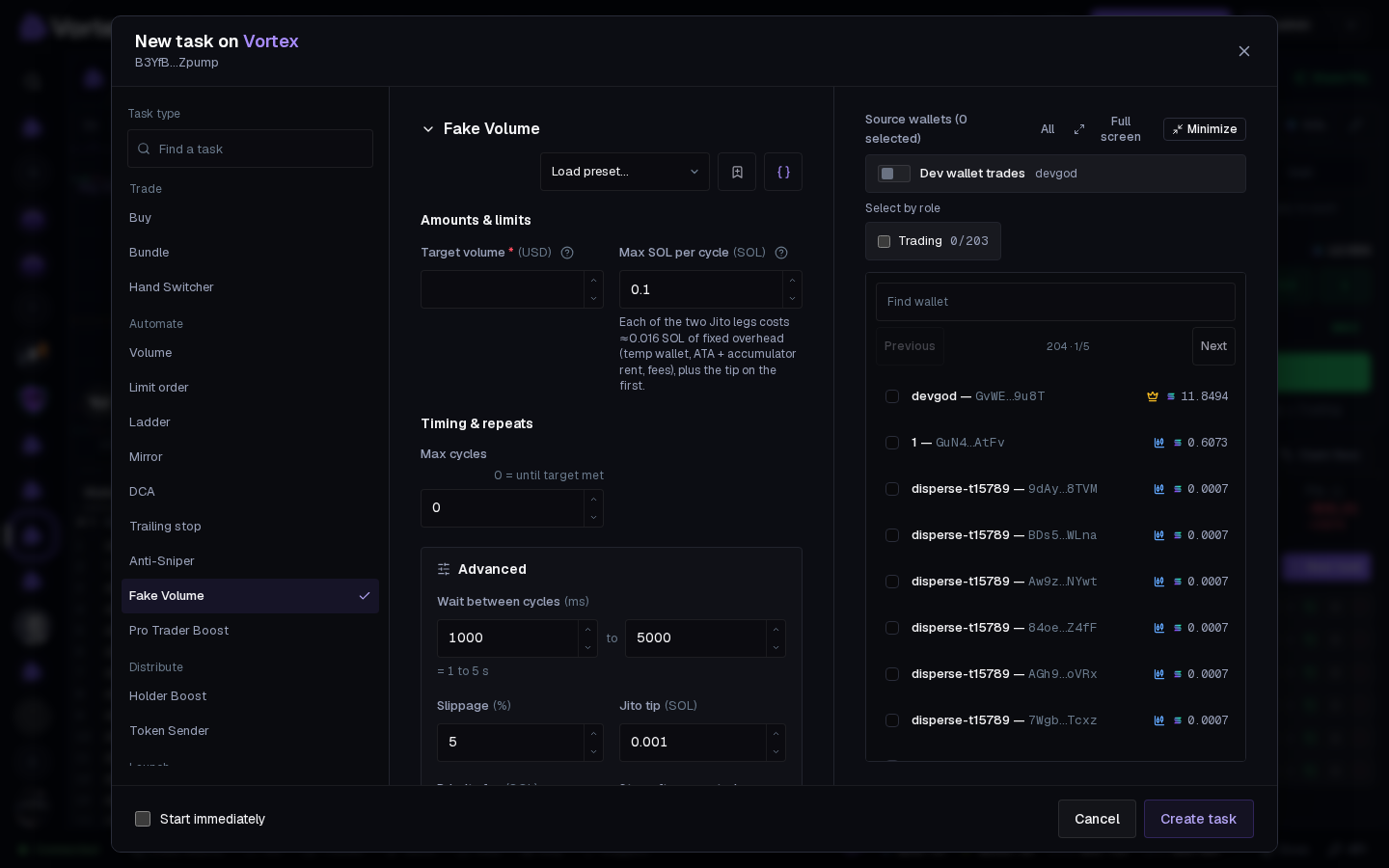 The Fake Volume form: target volume, SOL per cycle and the wallets