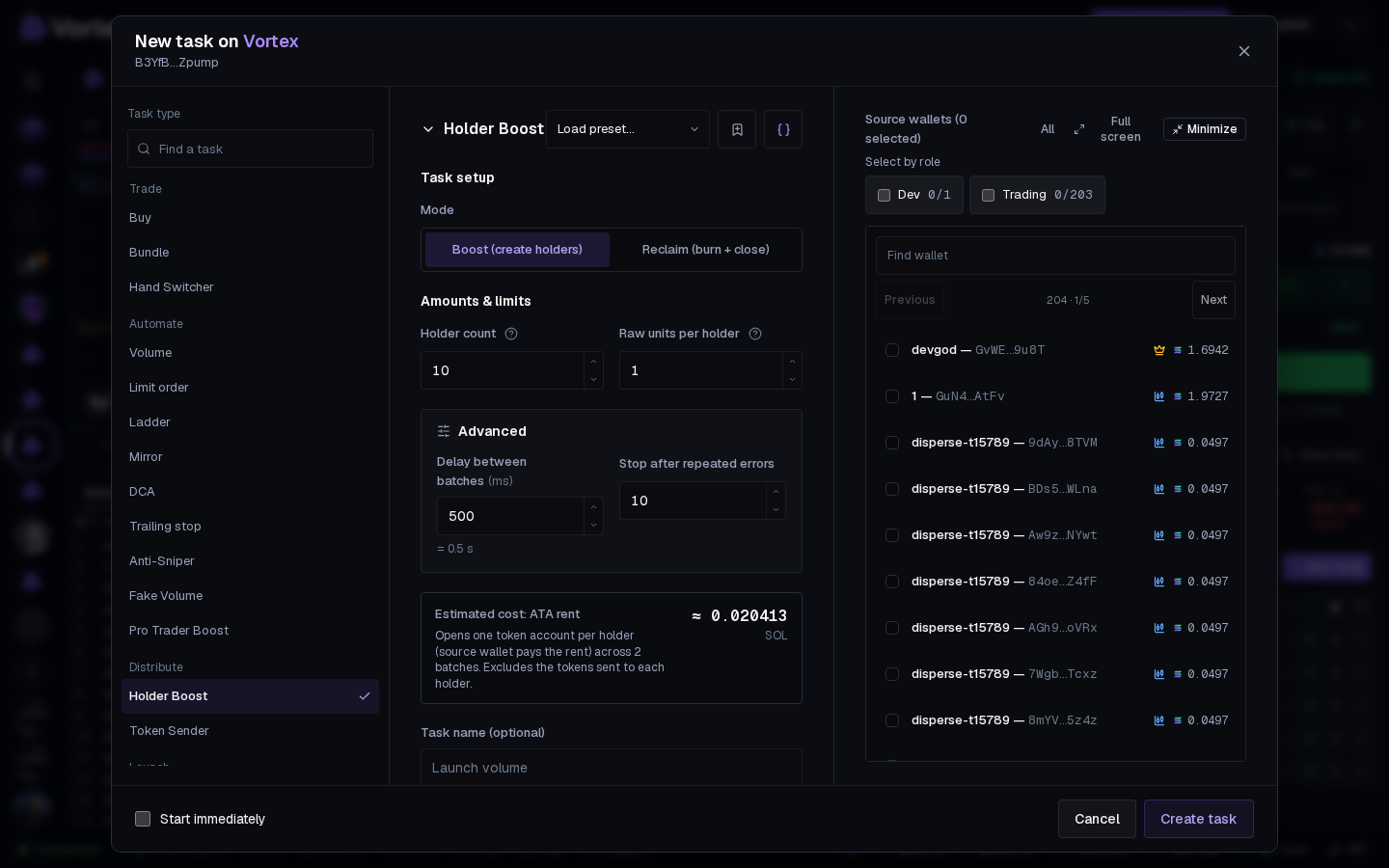 The Holder Boost form: mode, holder count and the cost line