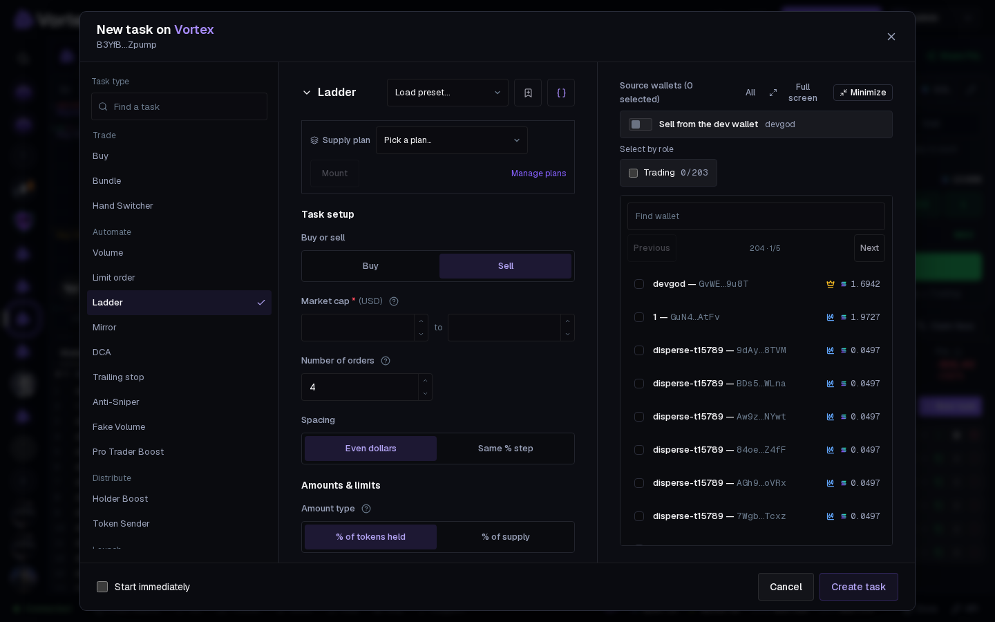 The Ladder form: the market cap range, the number of orders and the amounts