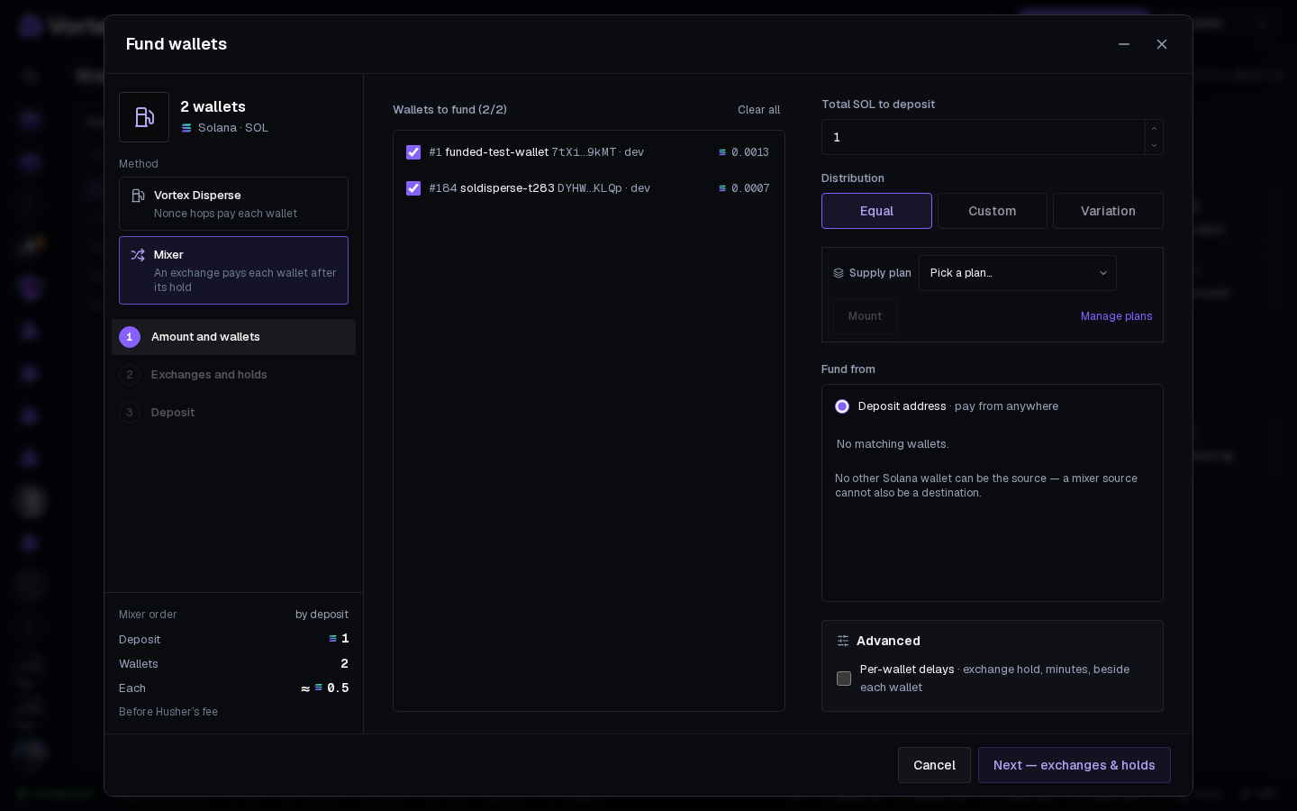 Fund wallets with the Mixer method picked.