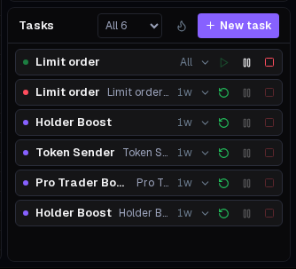 The Tasks panel in the terminal: the All / Active menu, New task and the task lines