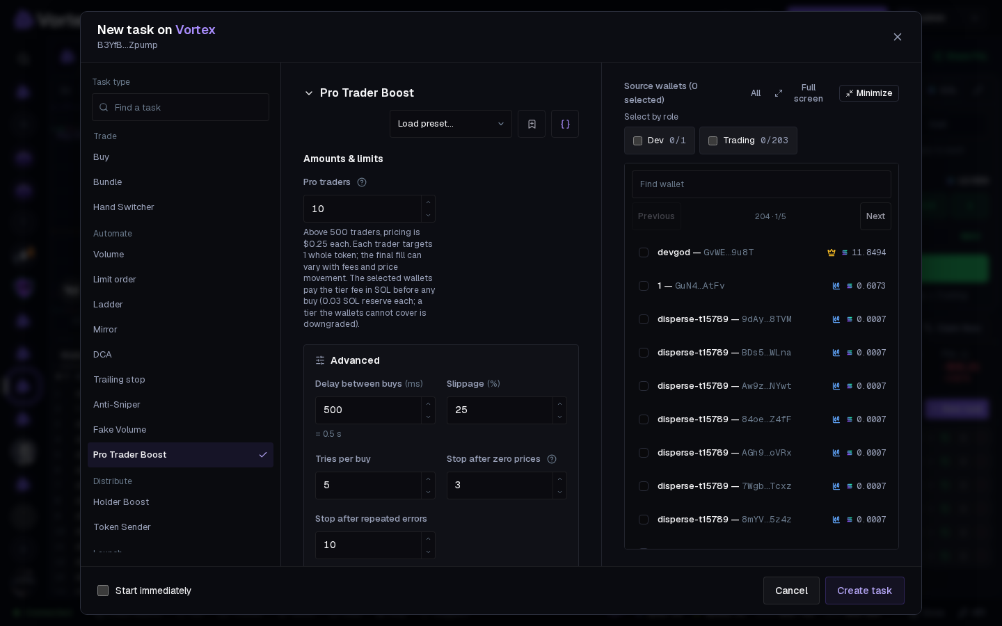 The Pro Trader Boost form: how many pro traders and the paying wallets