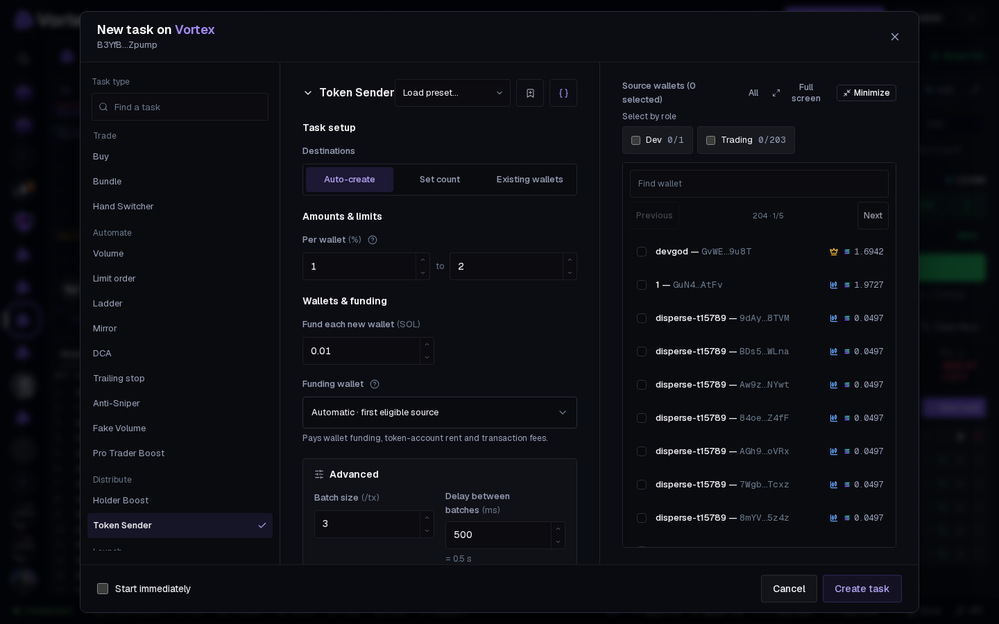 The Token Sender form: destinations, the share per wallet and the funding wallet