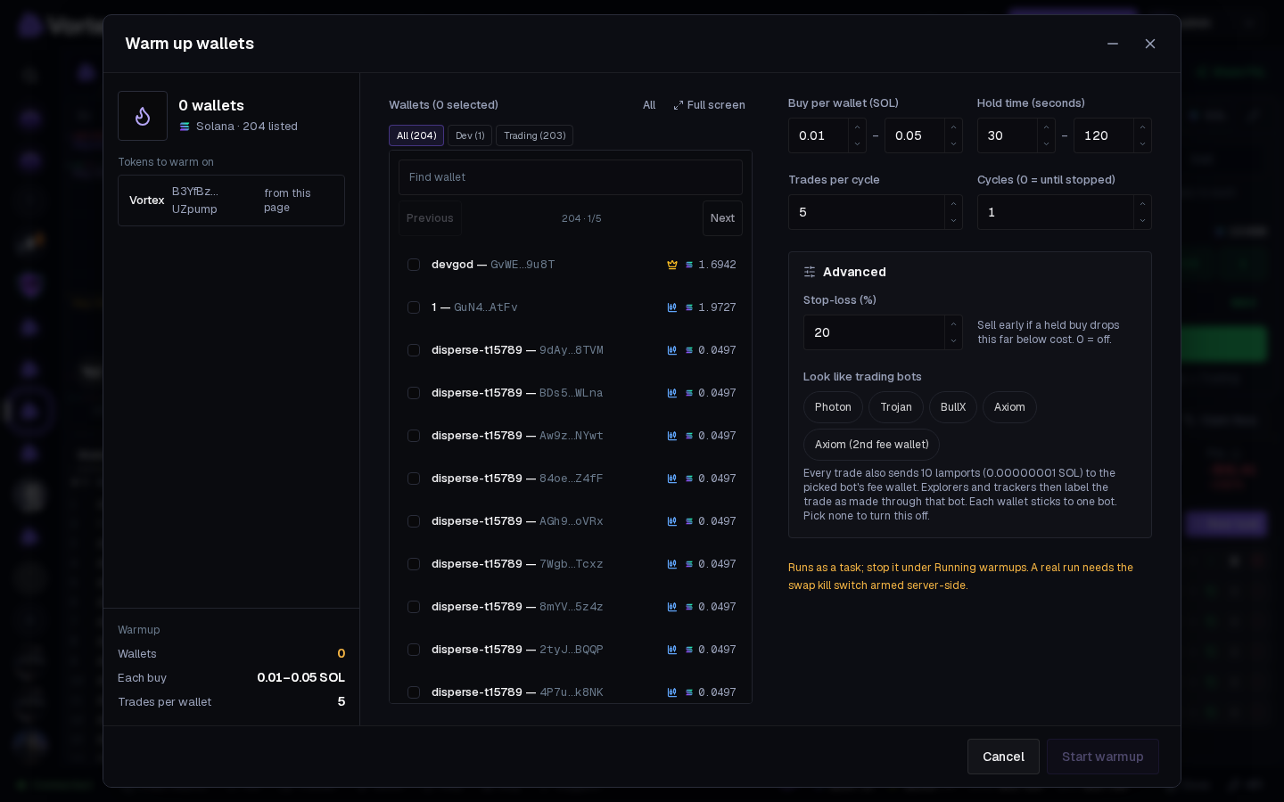 The Warm up wallets window opened from the terminal