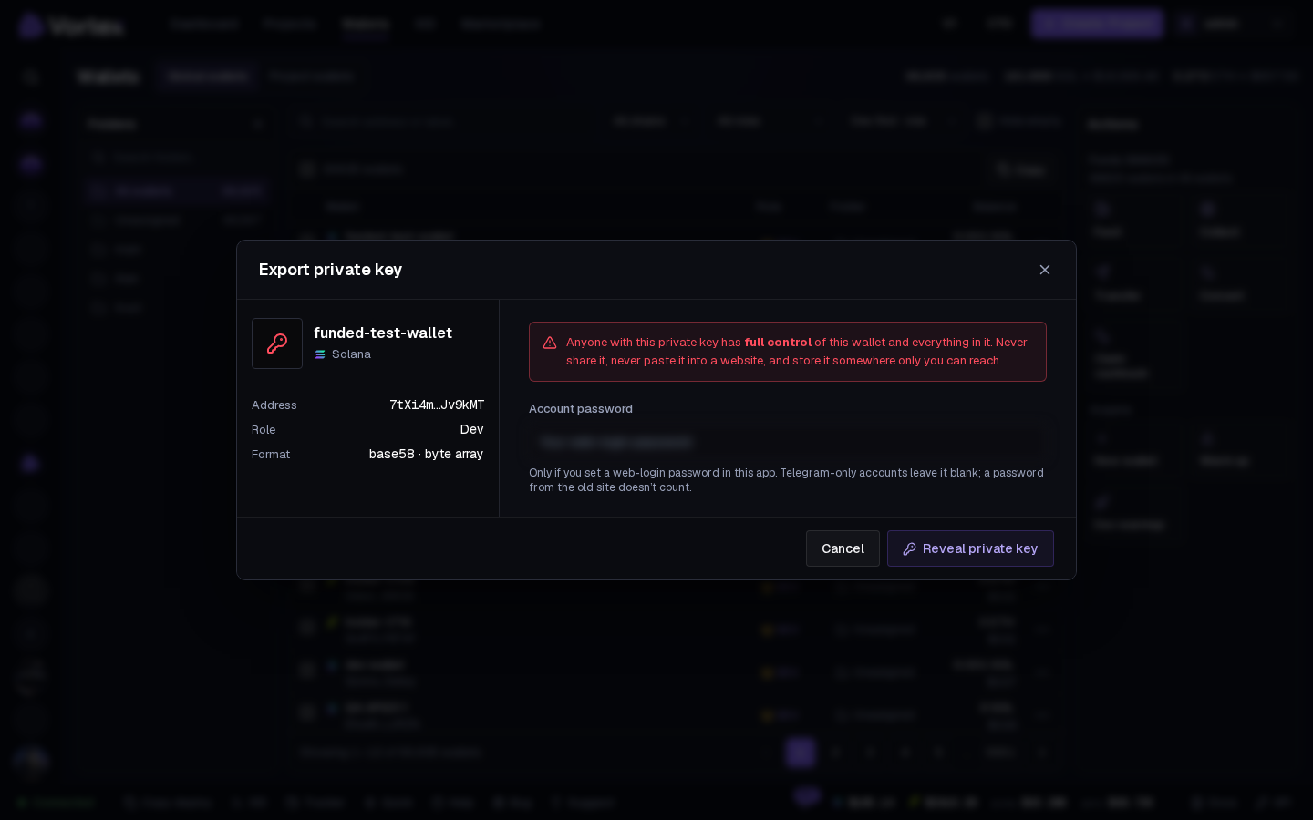 The Export private key window with its warning, before any key is shown