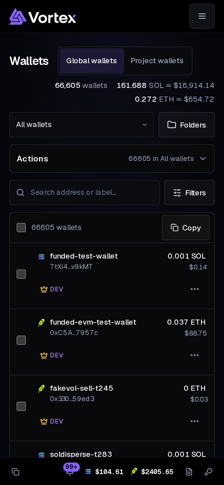 The Wallets page on a phone