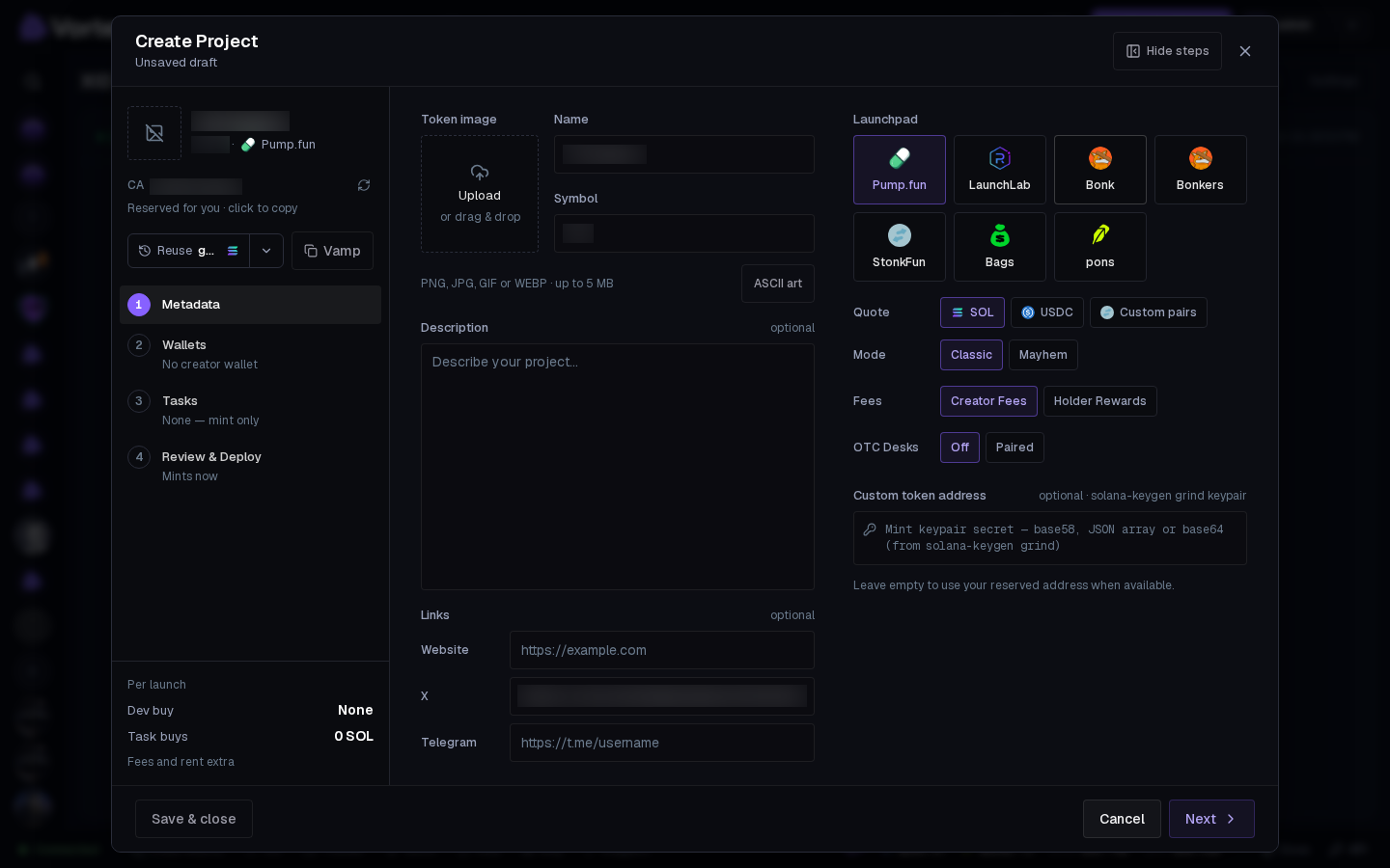 The Create Project wizard opened from a post, with the name, symbol and X link filled in. They are blurred here.