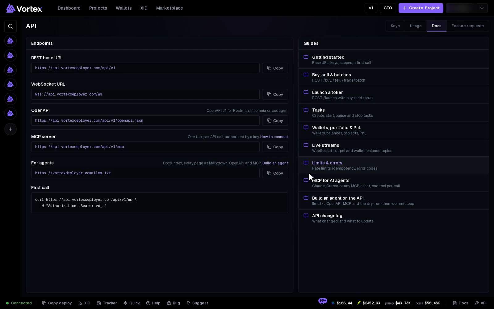 The API page in the app: the REST, WebSocket, OpenAPI and MCP addresses, a first call and the API guides