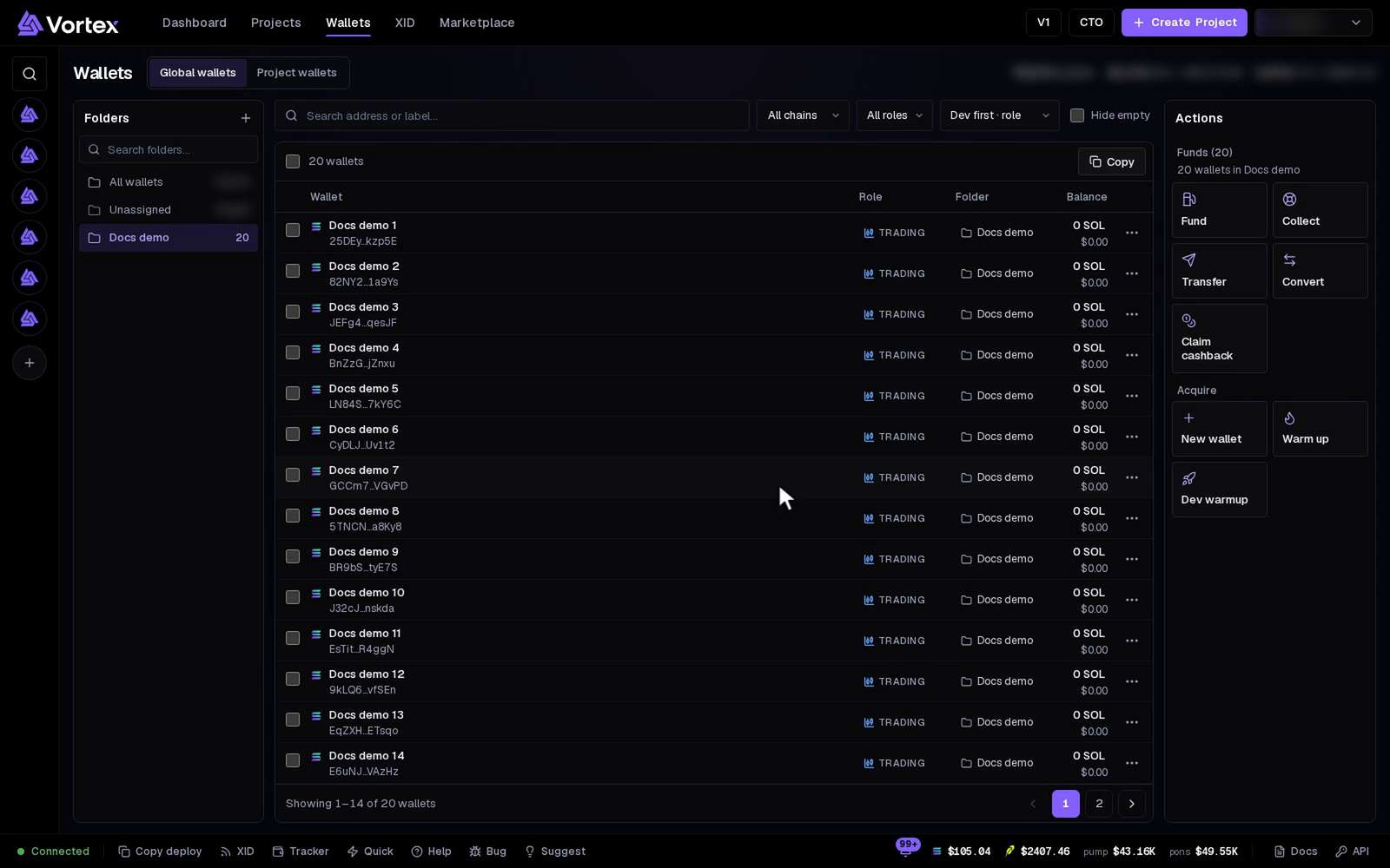 Funding wallets: three wallets ticked, Fund opened, a total typed and a split picked. It stops before the deposit address; nothing is sent