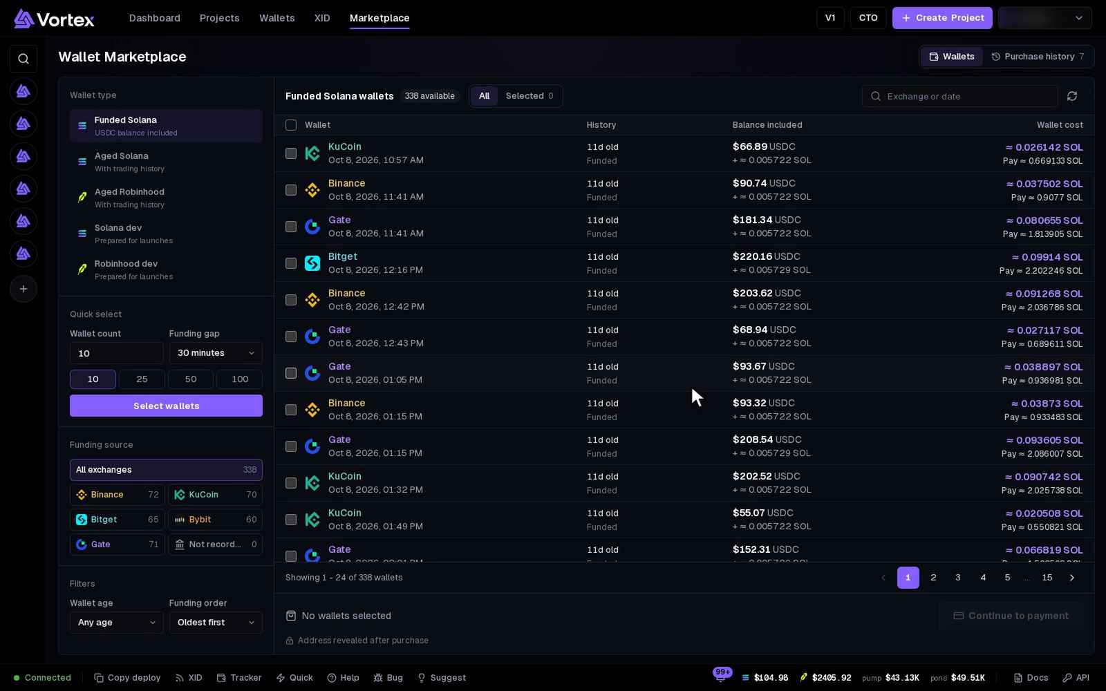 The Wallet Marketplace: wallet types, the funding-exchange filter, two wallets picked and the price. Nothing is bought