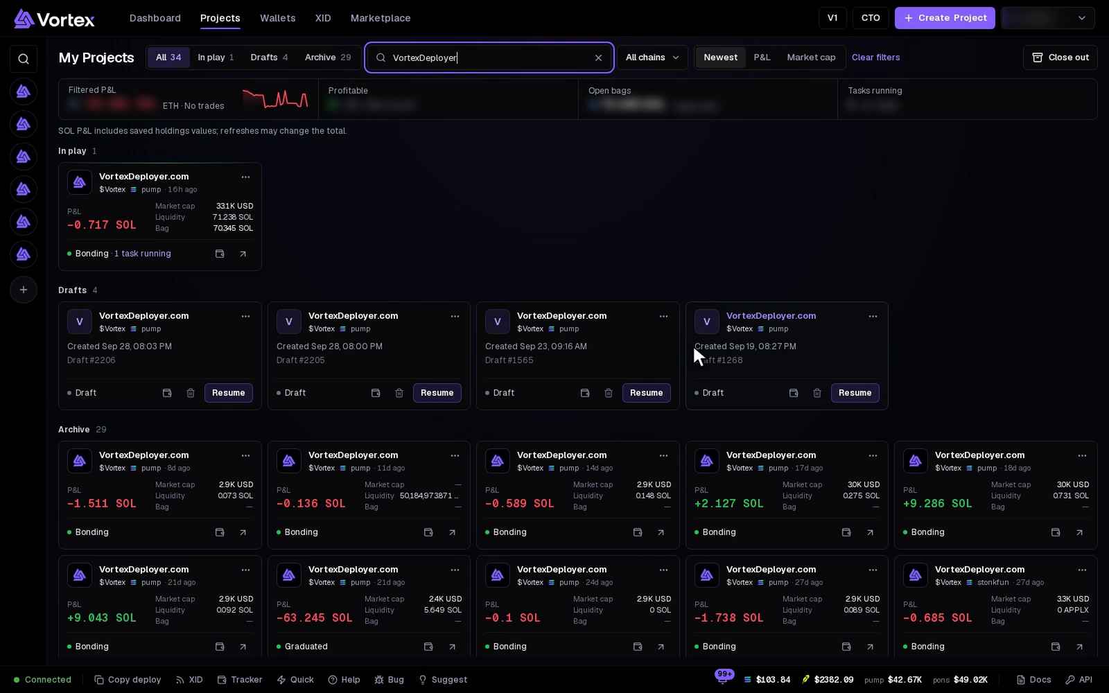 Quick Deploy: a preset, a token name, the creator wallet, the dev buy and the launchpad. Deploy is not pressed