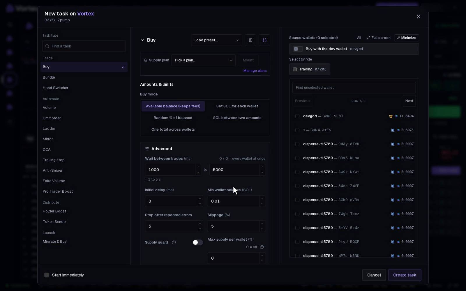 A new Volume task: the volume style, the trading plan, the buy amount per trade and two wallets picked. No task is created